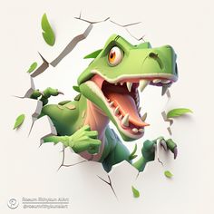 a green dinosaur breaking through the wall with its mouth open and it's tongue out