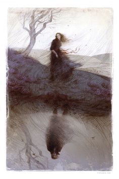 a drawing of a woman standing on top of a hill next to a body of water