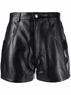 black leather high waist button fly fastening belt loops two side slit pockets side stripe detailing two rear patch pockets straight hem Black Leather Shorts, Black Mom Jeans, Birthday Fits, Fishnet Top, Black High Waisted Shorts, Leather Short, Designer Shorts, Leather Dresses, Leather Shorts