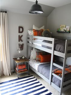 a bedroom with bunk beds and rugs on the floor