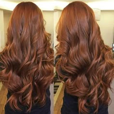 two pictures of the same woman's long, wavy red hair with brown highlights