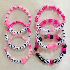 Friendship Things To Make, Plastic Bead Bracelet Ideas, Things To Put On Bracelets, Movie Bracelet Ideas, Mean Girls Bracelets, Bead Bracelet Ideas Words, Glass Bead Ideas, Things To Write On Bracelets, Beaded Friendship Bracelet Ideas