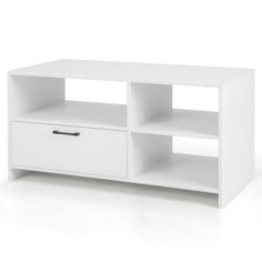 a white entertainment center with two drawers and one drawer on the bottom, against a white background