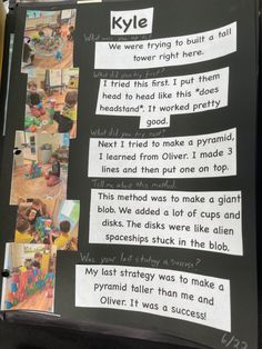 a bulletin board with pictures and text on it that says, kyle we were trying to build a fall tower right here