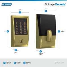 the schlage electronic door lock is shown with measurements for each keypad and fingerprint