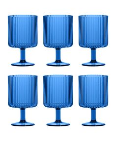 six blue glass goblets sitting next to each other