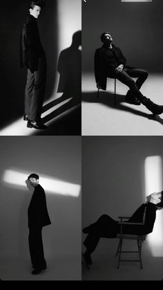 four black and white photos of a man sitting in a chair with his shadow cast on the wall