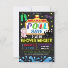 pool side movie night birthday party card with chalkboard background and neon sign on the front