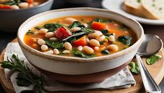 a bowl of soup with beans, carrots and spinach