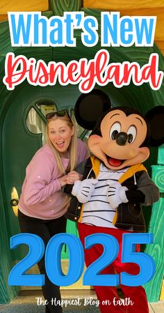 a woman standing next to mickey mouse in front of a sign that says what's new disneyland 2055