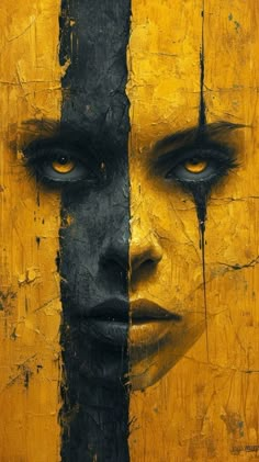 an abstract painting with two faces painted on yellow and black