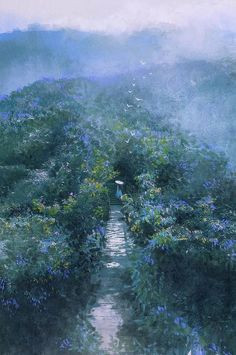 an oil painting of a path leading to the top of a hill with blue flowers