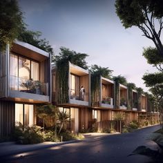 an artist's rendering of a row of apartment buildings with balconies and trees