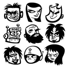 the faces of cartoon characters are drawn in black and white