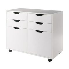 a white cabinet with four drawers on wheels