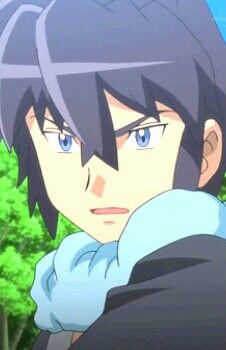 an anime character with black hair and blue eyes looking at the camera while standing in front of trees