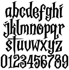 an old fashioned gothic alphabet with black letters and numbers on the upper half of it