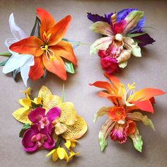 four different types of flowers on a table