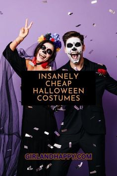 two people dressed up in halloween costumes with confetti falling from their mouths and the words insanely cheap halloween costumes