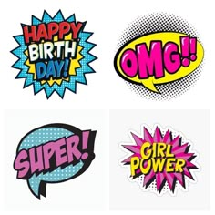 four different comic speech bubbles with the words happy birthday, omg and girl power