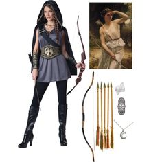 an image of a woman in costume with bow and arrow next to other items for the costume