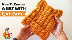 a person holding up a crochet dishcloth with the words, how to crochet a hat with cat ears