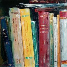 an oil painting of books on a shelf