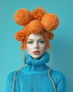 a woman with bright orange hair and blue sweater is wearing balls of yarn on her head