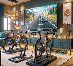 two bikes are on display in front of a flat screen tv