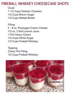 the recipe for fireball whiskey cheesecake shots is shown in red and white colors