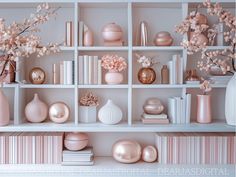 the shelves are filled with vases, books and other decorative items in pastel colors