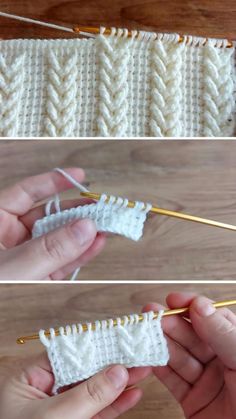 two pictures showing how to crochet the stitches on an object with yarn and knitting needles