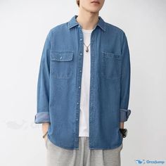 OrcaJump - Fashionable Casual Long-Sleeve Denim Shirt with Minimalist Loose Turn-Down Collar Jacket. Casual Light Wash Collared Denim Jacket, Relaxed Fit Long Sleeve Denim Jacket For Everyday, Everyday Long Sleeve Relaxed Fit Denim Jacket, Casual Washed Long Sleeve Denim Jacket, Medium Wash Long Sleeve Denim Jacket, Casual Denim Blue Relaxed Fit Denim Jacket, Relaxed Fit Long Sleeve Denim Jacket In Washed Blue, Casual Relaxed Fit Denim Blue Jacket, Summer Long Sleeve Denim Top