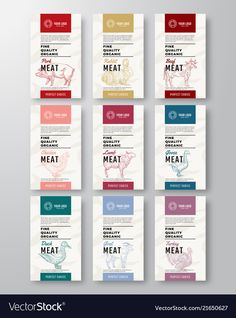 a set of brochures with meat and vegetables