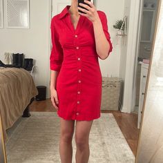 Brand New. Still Has Tags. Size Xs Chic Red Summer Shirt Dress, Red Fitted Midi Dress For Casual Wear, Fitted Red Shirt Dress For Summer, Red Ruched Mini Dress For Day Out, Fitted Red Midi Dress For Dress Down Occasions, Red Mini Length Shirt Dress, Red V-neck Shirt Dress For Spring, Elegant Red Shirt Dress For Summer, Fitted Red Midi Dress For Day Out