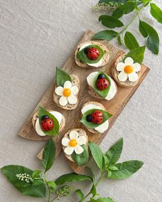 small sandwiches with ladybugs and flowers on them