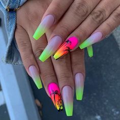 Coachella Nails, Neon Nail Designs, Nail Design Inspiration, Glow Nails, Coffin Shape Nails, Thanksgiving Nails, Coffin Nails Long