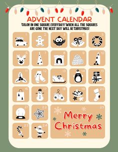 a christmas calendar with snowmen and other holiday items