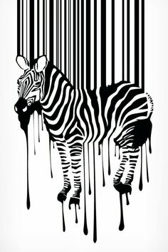 a zebra standing in front of a barcode with blood dripping down it's face