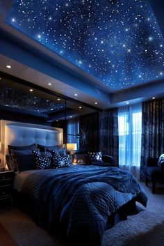 a bed room with a neatly made bed under a sky filled with stars on the ceiling