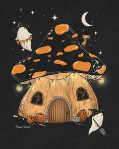 an illustration of a mushroom house with pumpkins on it