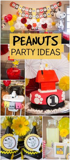 a collage of photos with the words peanuts party ideas on it and pictures of decorations