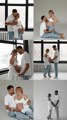 a man and woman are holding each other while they pose for pictures in front of large windows