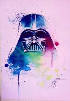 a watercolor painting of a darth vader helmet with paint splatters on it