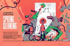 an advertisement for spring cleaning with people doing various things in front of the wall and clock