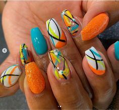 Coffin Style Nails Spring, Turquoise Nails Designs Color Combinations, Wild Nail Designs Fun, Tabitha Brown Nails, Summer Fun Nails Designs, Cute Neon Nail Ideas, African Nail Art Design, Abstract Nail Art Designs, Hot Summer Nails