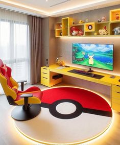 a living room filled with furniture and a pokemon themed rug