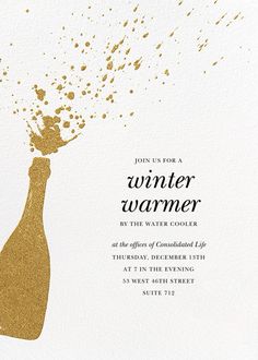 a white and gold party card with a champagne bottle in the air, sprinkled with confetti