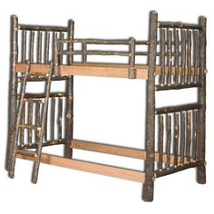 Amish USA Made Handcrafted Rustic Hickory Twin Bunk Bed sold by Online Amish Furniture LLC Bunk Beds Storage, Rustic Lodge Bedroom, Log Bunk Beds, Beds Storage, Solid Wood Bunk Beds, Rustic Log Furniture, Twin Over Twin Bunk Bed, Bookcase Bed, Wood Bunk Beds