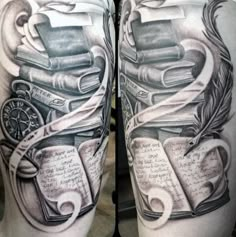 a man's arm with books and scrolls on it